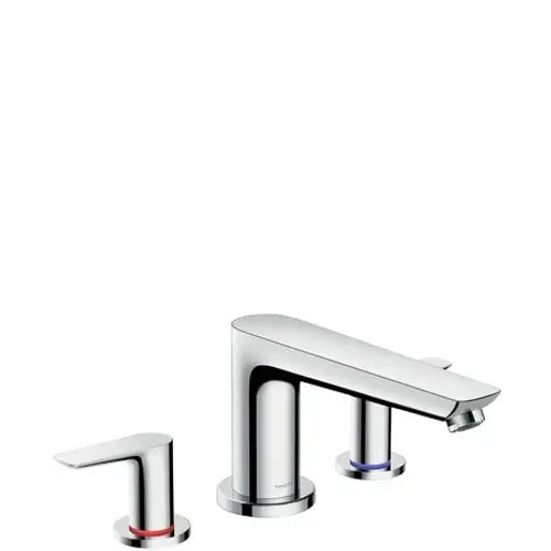 Chromene 3-Loch Wannenrandarmatur von Hansgrohe mit einem Hauptarmaturenelement und zwei separat montierten Steuergriffen für heißes und kaltes Wasser.